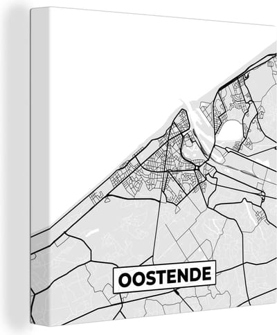 Canvas Schilderij Kaart – Plattegrond – Stadskaart – Oostende – België – Zwart Wit - 20x20 cm - Wanddecoratie
