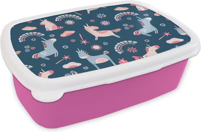 Broodtrommel Roze - Lunchbox - Brooddoos - Unicorn - Regenboog - Patronen - 18x12x6 cm - Kinderen - Meisje