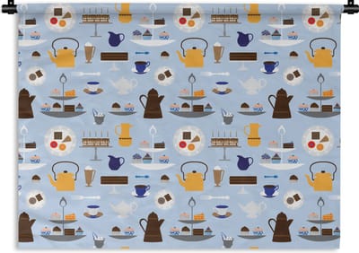 Wandkleed - Wanddoek - Patronen - Cupcake - Theepot - Thee - 120x90 cm - Wandtapijt