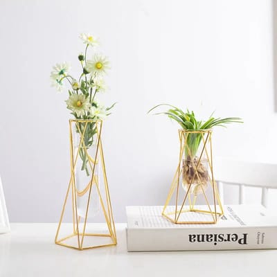Twee Vaasjes in Goudkleurige Metalen Houders - Hoekig - Geschikt voor Bloemen, Planten en Stekjes