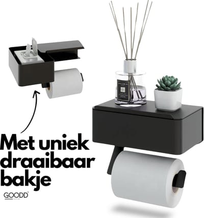 GOODD® - Wc rolhouder - Toiletrolhouder - Zwart - Boren of Plakken - Gepatenteerd draaibaar bakje