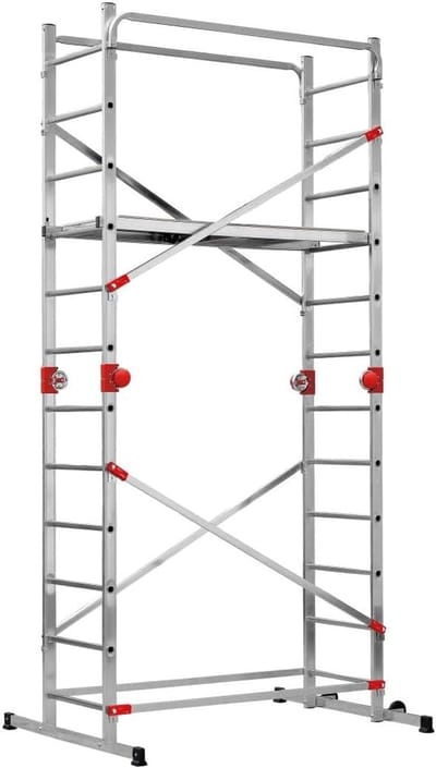 Hailo G60 multifunctionele aluminium steiger - 2 x 12 sporten, draagvermogen tot 150 kg/m² - platform met toegangsluik - mobiele aluminium steiger - te gebruiken als leunladder, dubbele ladder of bouwsteiger - zilverkleurig