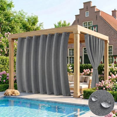 Qelus Buitengordijnen Waterdicht en Winddicht - 254x214 cm - Buitengordijn met Ringen Boven en Onder - Verduisterend Outdoorgordijn voor Overkapping - Zwaar Faux Linnen - Grijs - 1 Stuk