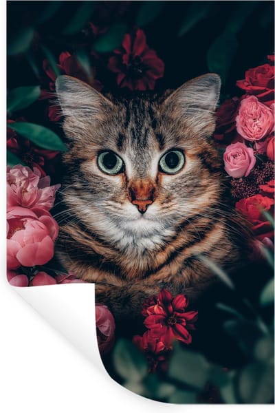 Muurstickers - Sticker Folie - Kat - Bloemen - Bladeren - Botanisch - 20x30 cm - Plakfolie - Muurstickers Kinderkamer - Zelfklevend Behang - Zelfklevend behangpapier - Stickerfolie