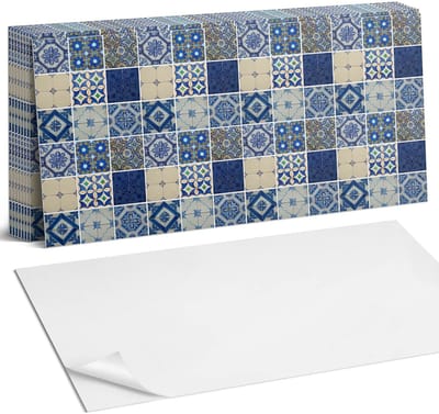 Coloray Plaktegels - Keramische tegelpatronen Zelfklevende Wandtegels - 40 cm x 20 cm - Blauw Plaktegels - 10 stuks - Rechthoek PVC Tegels - Plaktegels Badkamer - Vloertegels Zelfklevend - Vinyl Tegels - Portugese Tegels