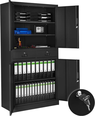 tectake® Archiefkast - Kantoorkast - 2 kastdelen met afsluitbare deuren - 2 afsluitbare lades - Eenvoudige montage - Ruime constructie - Vleugeldeuren - 4 Deuren - Afmeting (HxBxD) 180x80x40 cm - Zwart
