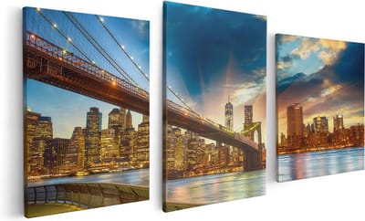 Artaza Canvas Schilderij Drieluik New York Brooklyn Brug  - 120x60 - Foto Op Canvas - Canvas Print