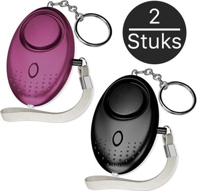 2 stuks | 140 dB | Rocketshop | Persoonlijk Zakalarm | met Zaklamp | Extreem Luid | Sleutelhanger | Paniekalarm | Veiligheid Alarm Persoonlijke Alarmknop | Incl. Batterij | zelfverdediging sirene | Paars / Zwart