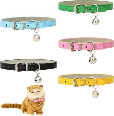 Pack of 5 Leer Kattenhalsbanden - Verstelbare Halsband met Bel en Metalen Gesp - Dierenhalsband voor Puppies, Teddy's, Kittens