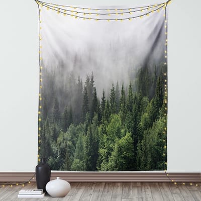 ABAKUHAUS Periwinkle Tapijt, Foggy Forest Wildlife, Woonkamer Slaapkamer Wanddoek Zijdezacht Satijn Wandtapijt, 150 x 200 cm, Vaag grijs en groen