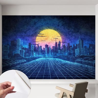 Coloray Zelfklevend Behang - Futuristisch landschap Stickerbehang op rol - 152x104 cm - Blauw Zelfklevend Behang - Voor op kantoor, voor de hal, voor de woonkamer - Herpositioneerbaar - Zelfklevend fotobehang