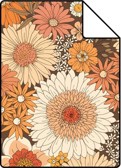 Proefstaal ESTAhome behang retro bloemen oranje en terracotta roze - 26.5 x 21 cm - 131318-S