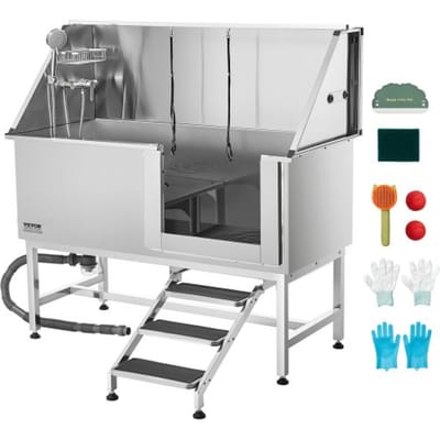 VEVOR Hondenwasstation van roestvrij staal, 1500x700x1495 mm, trimbad voor huisdieren met trap, PE-waterfilterplaat, kraan, douchekop en zeephouder, voor grote, middelgrote en kleine huisdieren (rechterdeur)