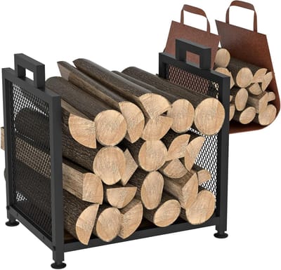 Stevige Houten Houtopslag voor Binnen, 17.32" Metalen Blokhouder met Leren Draagriem, Compacte Houtstand voor Haard, Terras en Tuin, Zwart en Duurzaam