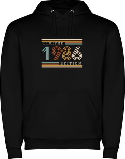 Zwarte unisex hoodie met “ Kleurrijke Limited Edition 1986 – Verjaardag – Leeftijd – Humor “ Print Full Color Color merk Roly maat S