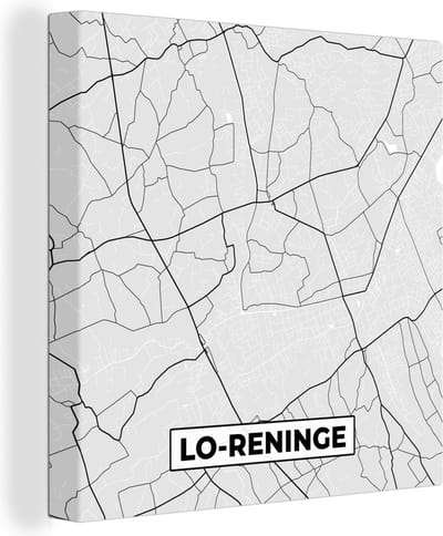 Canvas Schilderij België – Lo Reninge – Stadskaart – Kaart – Zwart Wit – Plattegrond - 20x20 cm - Wanddecoratie