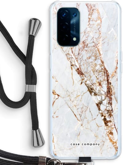 Case Company® - Hoesje met koord geschikt voor Oppo A74 5G hoesje met Koord - Goud marmer - Telefoonhoesje met Zwart Koord - Bescherming aan alle Kanten en Over de Schermrand