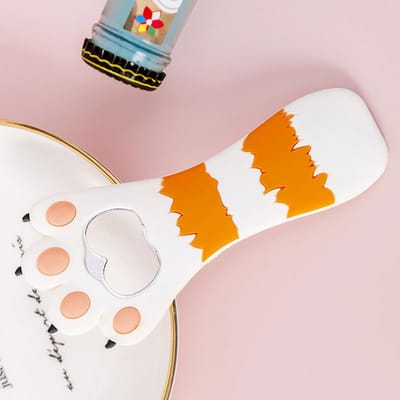 Ouvre-bouteille Patte de Chat Multifonctionnel Mignon Dessin Animé Couleurs Vives Aimant Silicone Ouvre-bouteille avec Aimant de Réfrigérateur pour Horizontal Stripes White orange