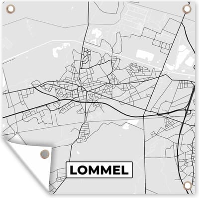 Tuin poster Stadskaart – Plattegrond – België – Zwart Wit – Lommel – Kaart - 200x200 cm - Tuindoek