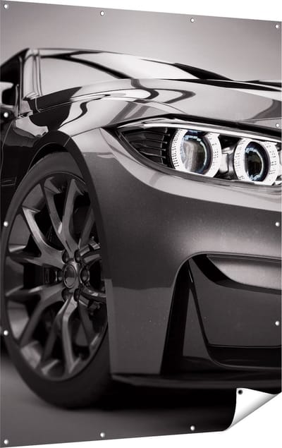 Gards Tuinposter Grijze Sportwagen Auto - Zwart Wit - 120x160 cm - Tuindoek - Tuindecoratie - Wanddecoratie buiten - Tuinschilderij