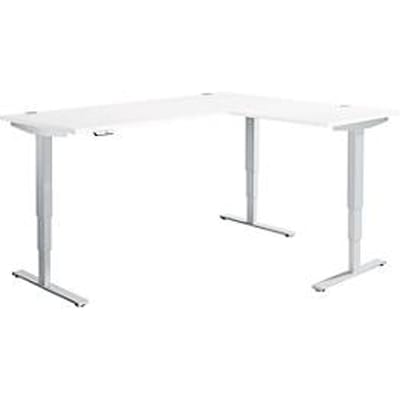 AERO FLEX hoekbureau, elektrisch in hoogte verstelbaar, hoek 90°, T-voet, B 2000 x D 1600 mm, aluminium wit/wit + memorypaneel