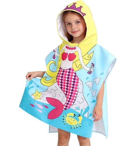 Kinderbadponcho - Microfiber kinderbadhanddoek - Poncho met capuchon - Kindercape met cartoonprint - Absorberende en sneldrogende zwemhanddoek - Kinderstrandponcho met capuchon - Geschikt om te baden, in het zwembad en om te zwemmen