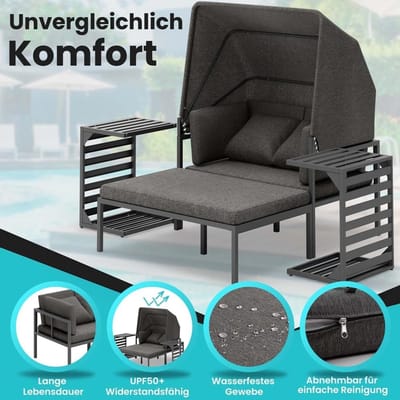 Zonne-eiland Loungeset 160x120x160 cm met Zonnedak en 2 Bijzettafels – Aluminium, Waterafstotende Kussens, Weerbestendig, Grijs – Laura
