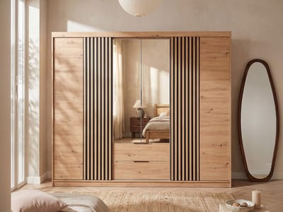 Vente-unique Kast met 4 deuren en 2 lades - Met spiegel - L250 cm - Kleur: houteffect - SIDOVIA