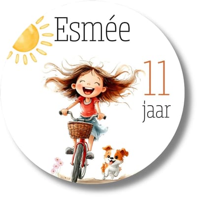 Stickers Meisje Op De Fiets | Met Naam En Leeftijd | Hondje | 20 Stuks