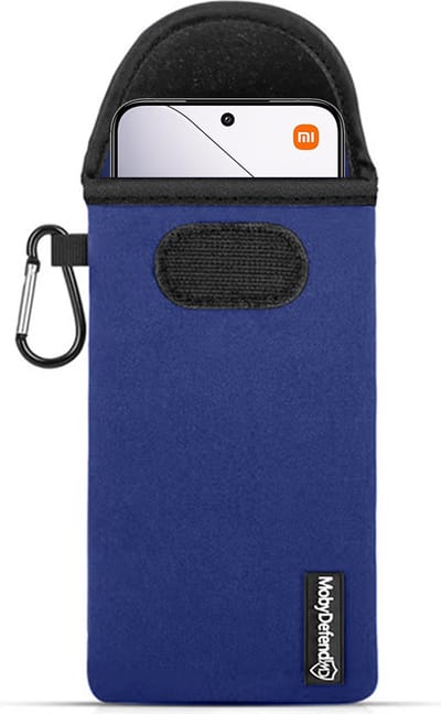 MobyDefend Hoesje - Geschikt voor Xiaomi 14 - Neopreen Pouch Met Karabijnhaak - Insteek - Riemlus - Blauw