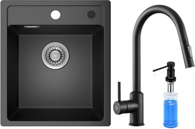 ANYCEE MAX Granieten Spoelbak voor keuken 40x46cm - Enkele Spoelbakken Met Keukenkraan en Zeepdispenser - Onderbouw Spoelbak Antraciet - Met waterafvoersysteem - Voor 40 cm Kast