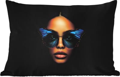 Buitenkussens - Tuin - Vrouw - Vlinder - Bril - Blauw - Modern - Portret - 50x30 cm