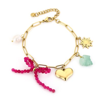 Bedelarmband verschillende bedels - Michelle Bijoux - Stainless Steel - Waterproof bracelet - 16 + 3 cm - Gouden armband - Dames armband - Armband met bedels - Cadeau voor haar - Moederdag - Valentijnscadeau - Tiener ketting - Sinterklaas