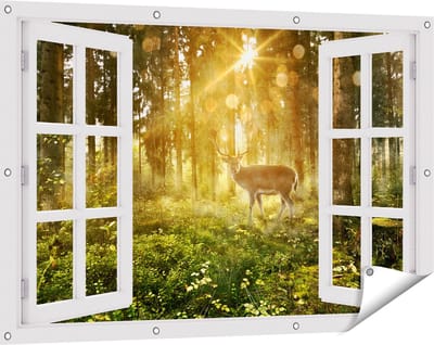 Gards Tuinposter Doorkijk Hert in Bos met Zon - 120x80 cm - Tuindoek - Tuindecoratie - Wanddecoratie buiten - Tuinschilderij