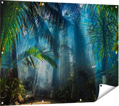 Gards Tuinposter Dichtbegroeide Jungle met Zonnestralen - 120x90 cm - Tuindoek - Tuindecoratie - Wanddecoratie buiten - Tuinschilderij