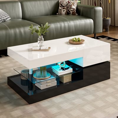 Wishdor Salontafel 90x45x35,5 cm van spaanplaat (PB) en gehard glas, met LED-verlichting en app- & Bluetooth-bediening