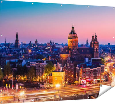 Gards Tuinposter Amsterdam Skyline bij Zonsondergang - 160x120 cm - Tuindoek - Tuindecoratie - Wanddecoratie buiten - Tuinschilderij