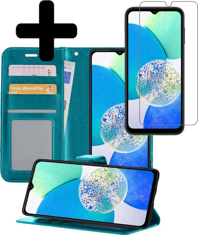 Hoesje - Met Screenprotector - Geschikt voor Samsung Galaxy A14 - Luxe Pasjeshouder - Bookcase Portemonee - Flip Case - Kunstleer Book Case - Flipcase - Book Cover - Walletcase - Portemonneehoes - Telefoonhoesjes - Turquoise