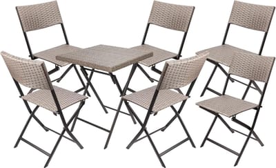 BRUBAKER Balkonset Toscane met tafel en 6 stoelen, weerbestendig, inklapbaar en ruimtebesparend, polyrotan balkonmeubelset, zitgroep voor balkon, terras en tuin, bistroset, klapstoelen, grijs/bruin