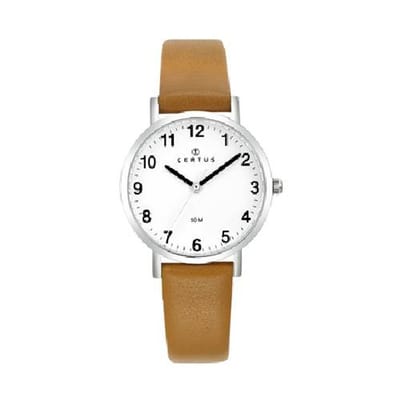 Certus-Dameshorloge-model 644444-zilverkleurig-duidelijke wijzerplaat-lichtbruin leder-5 atm waterdicht-diameter 30 mm-gemaakt in Frankrijk