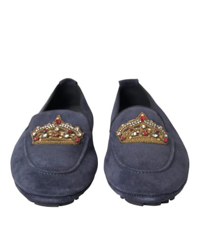 Dolce & Gabbana Blauwe Leren Suède Kristallen Kroon Loafers Schoenen