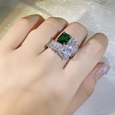 Bague de princesse carrée en argent 925, Haute Couture incrustée de Zircon émeraude, Micro ensemble de diamants, bague ouverte de fiançailles, cadeau de fête Resizable blanc