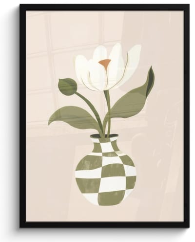 Poster in lijst - Fotolijst 50x70 cm - Posters - Vaas - Geruit - Bloem - Groen - Posterlijst zwart - Decoratie - Wanddecoratie woonkamer - Muurdecoratie slaapkamer