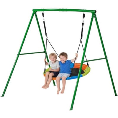 VEVOR tuinschommel met A-vormig metalen frame, schommelzitje (101,6 cm hoog), draagvermogen tot 199,6 kg, buitenschommelset, verstevigd met spiraalvormige grondankers, kleurrijke schotelschommel