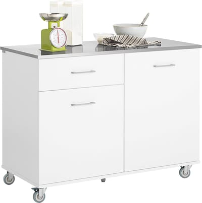 SoBuy FKW117-W Kookeiland - Wit Houtcomposiet met Laden & Deuren