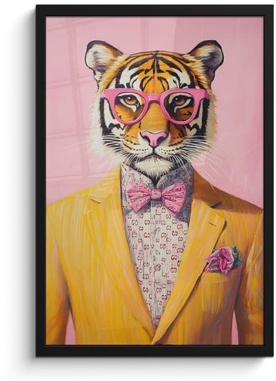 Poster in lijst - Fotolijst 40x60 cm - Posters - Tijger - Bril - Geel - Jasje - Posterlijst zwart - Decoratie - Wanddecoratie woonkamer - Muurdecoratie slaapkamer