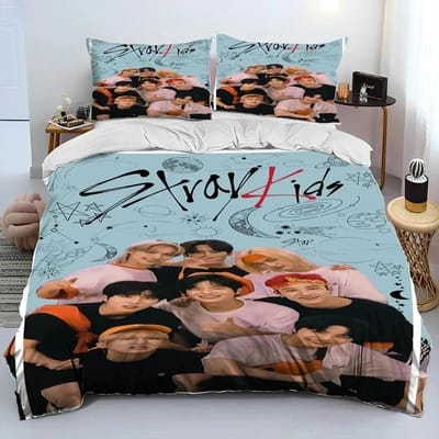 3D Stray Kids Kpop Zanger Ster Beddengoed Set Dekbedovertrek Bed Set Dekbedovertrek Kussensloop King Queen Twin Maat Jongens Meisjes Volwassenen EU Single(135*200cm)3pcs