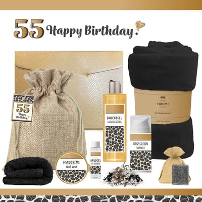 Geschenkset “55 Jaar Happy Birthday!” - 8 producten - 1210 gram - Triomf Cosmetica | Luxe wellness cadeaubox voor haar Giftset Feestje Cadeau Pakket Verjaardag Gefeliciteerd Verjaardagscadeau Vrouw Gift Set Party Panter Zwart Goud