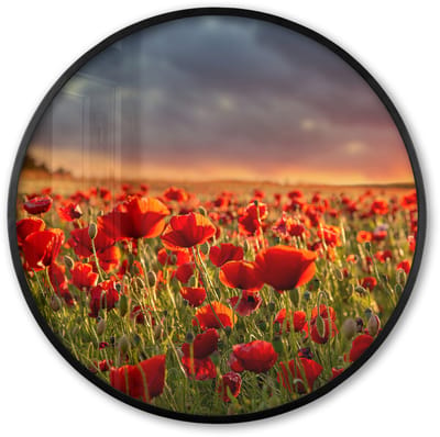 Poster in lijst Rond - Fotolijst 60x60 cm - Posters - Zonsondergang - Klaprozen - Rood - Bloemen - Veld - Natuur - Ronde posterlijst zwart - Decoratie - Wanddecoratie woonkamer - Muurdecoratie slaapkamer