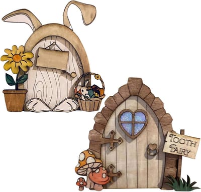 Miniatuur Deurtjes - Elfjes Huisjes - Tuin Decoratie - Handgeschilderd Design - 10cm Lengte - Houtkleur